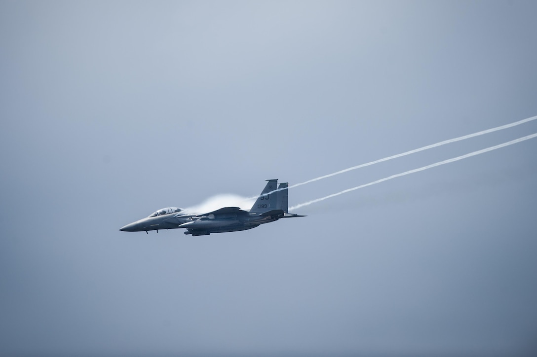 An F-15E Strike Eagle soars through the sky during an East Coast Airpower Demonstration, on Moody Air Force Base, Ga., March 4, 2016. The aircraft is from Seymour Johnson Air Force Base, N.C. Air Force photo by Airman 1st Class Lauren M. Johnson