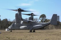 An MV-22B Osprey, operated by Marines with Marine Medium Tiltrotor Squadron 266 makes its descent during a field exercise at Camp Lejeune, N.C., March 10, 2016. The squadron assisted Marines with Echo Company, 2nd Battalion, 8th Marine Regiment, in making an aerial insert. (U.S. Marine Corps photo by Cpl. Paul S. Martinez/Released)