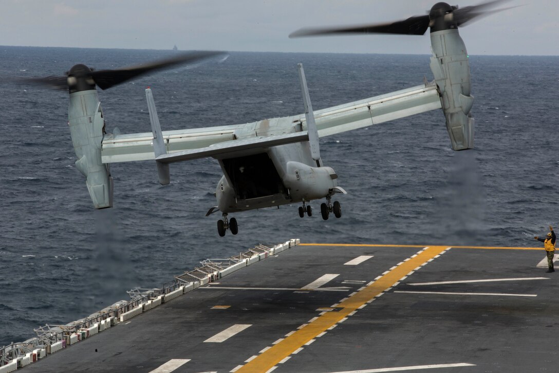 A U.S. Marine MV-22B Osprey with Marine Medium Tiltrotor Squadron 265 (Reinforced), 31st Marine Expeditionary Unit, takes off from the flight deck of the USS Bonhomme Richard (LHD 6) during Ssang Yong 16, March 10, 2016. Ssang Yong is a biennial combined amphibious exercise conducted by U.S. forces with the Republic of Korea Navy and Marine Corps, Australian Army and Royal New Zealand Army Forces in order to strengthen interoperability and working relationships across a wide range of military operations. The Marines and Sailors of the 31st MEU are in Korea as part of their spring deployment to the Asia-Pacific region. (U.S. Marine Corps photo by Cpl. Thor J. Larson/Released)