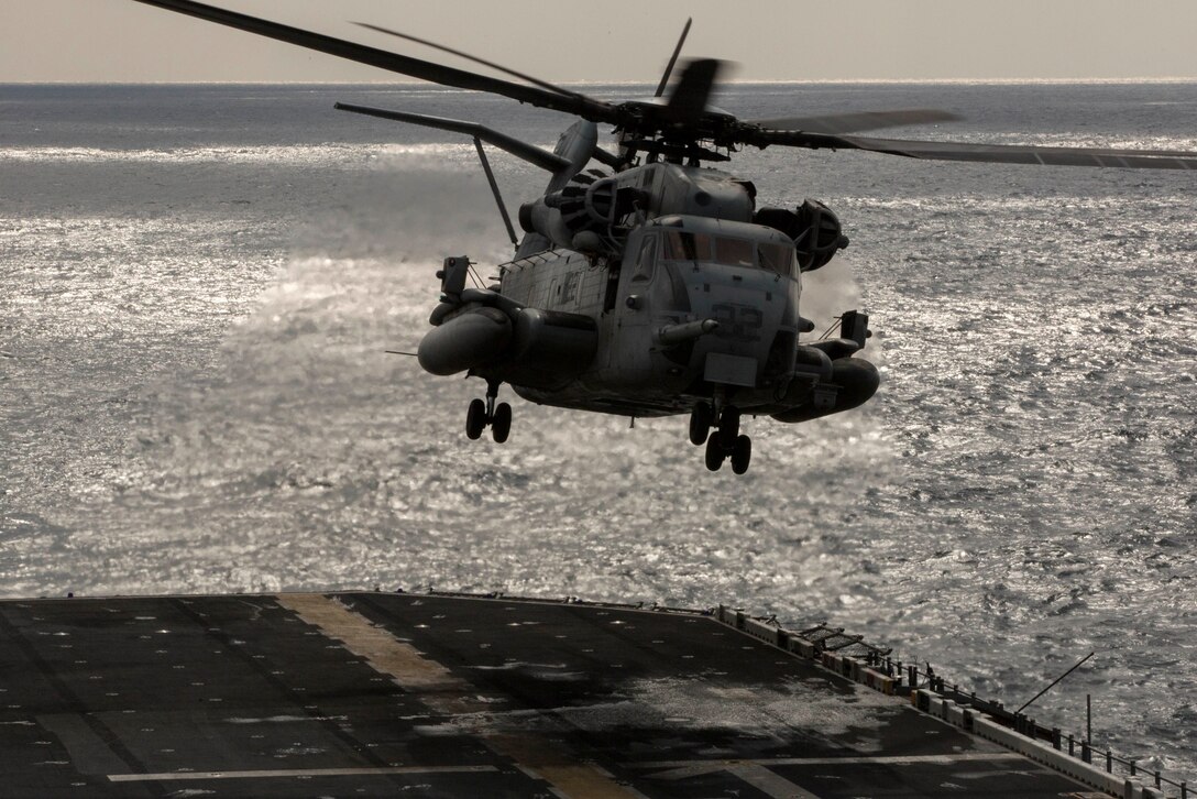 A U.S. Marine CH-53E Super Stallion with Marine Medium Tiltrotor Squadron 265 (Reinforced), 31st Marine Expeditionary Unit, takes off from the flight deck of the USS Bonhomme Richard (LHD 6) during Ssang Yong 16, March 10, 2016. Ssang Yong is a biennial combined amphibious exercise conducted by U.S. forces with the Republic of Korea Navy and Marine Corps, Australian Army and Royal New Zealand Army Forces in order to strengthen interoperability and working relationships across a wide range of military operations. The Marines and Sailors of the 31st MEU are in Korea as part of their spring deployment to the Asia-Pacific region.  (U.S. Marine Corps photo by Cpl. Thor J. Larson/Released)