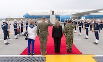 Marine Corps Gen. Joseph F. Dunford Jr., center left, chairman of the Joint Chiefs of Staff, salutes upon arriving in Bogota, Colombia, March 9, 2016. DoD photo by Navy Petty Officer 2nd Class Dominique A. Pineiro