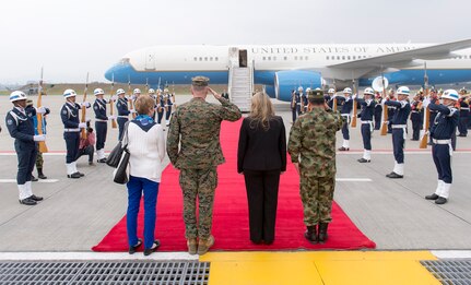 Marine Corps Gen. Joseph F. Dunford Jr., center left, chairman of the Joint Chiefs of Staff, salutes upon arriving in Bogota, Colombia, March 9, 2016. DoD photo by Navy Petty Officer 2nd Class Dominique A. Pineiro