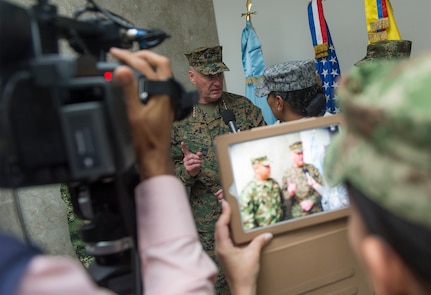 Marine Corps Gen. Joseph F. Dunford Jr., chairman of the Joint Chiefs of Staff, talks to reporters in Bogota, Colombia, March 9, 2016. DoD photo by Navy Petty Officer 2nd Class Dominique A. Pineiro