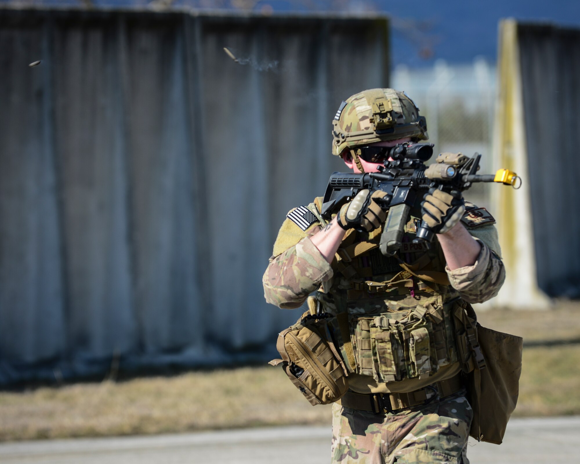 Senior Airman Josiah Hamernick, 31st Civil Engineer Squadron Explosive Ordinance Disposal journeyman, participates in small unit tactics training March 1, 2015, at Aviano Air Base, Italy. The skills taught during training are critical when working with conventional and unconventional forces. (U.S. Air Force photo by Airman 1st Class Cory W. Bush/Released)