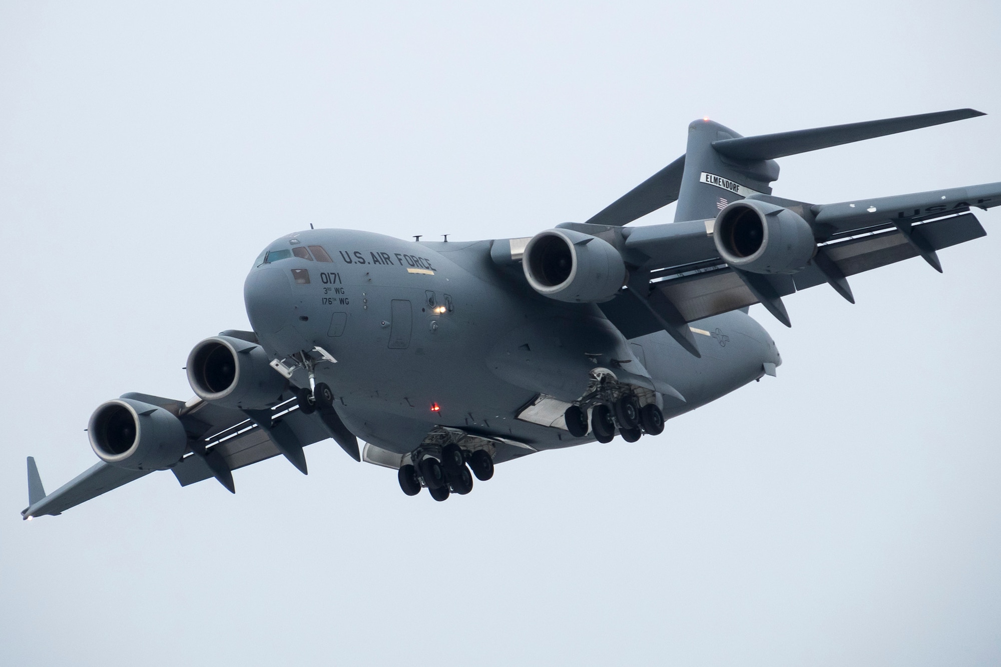 A C-17 Globemaster III aircraft of the 517th Airlift Squadron lands at Bryant Army Airfield on Joint Base Elmendorf-Richardson, Alaska, Monday, March 7, 2016, while practicing landing and taking off from a short runway. The event marked the first time a C-17 has taken off from the airfield since its construction in 1958, when the runway was built by the U.S. Army on then-separate Ft. Richardson to support Soldiers in remote areas of Alaska. (U.S. Air Force photo/Justin Connaher)