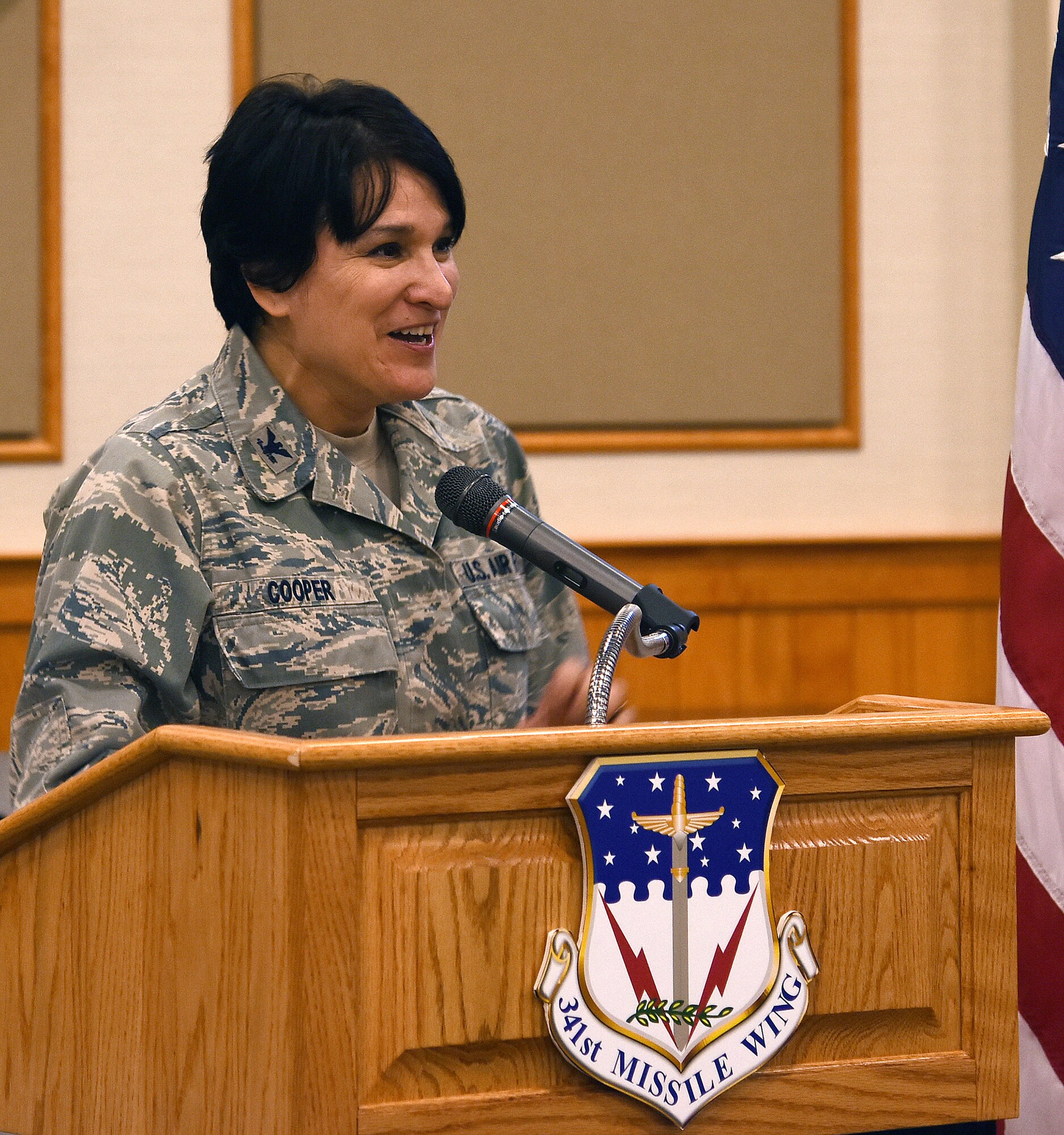 Col. Denise Cooper, 341st Mission Support Group commander, speaks at the first ever women’s leadership symposium at Malmstrom Air Force Base, Mont., March 8, 2016, at the Grizzly Bend. The women’s leadership symposium was titled “Breakthrough to Excellence,” and was open to all ranks, military and civilian. (U.S. Air Force photo/Senior Airman Jaeda Tookes)