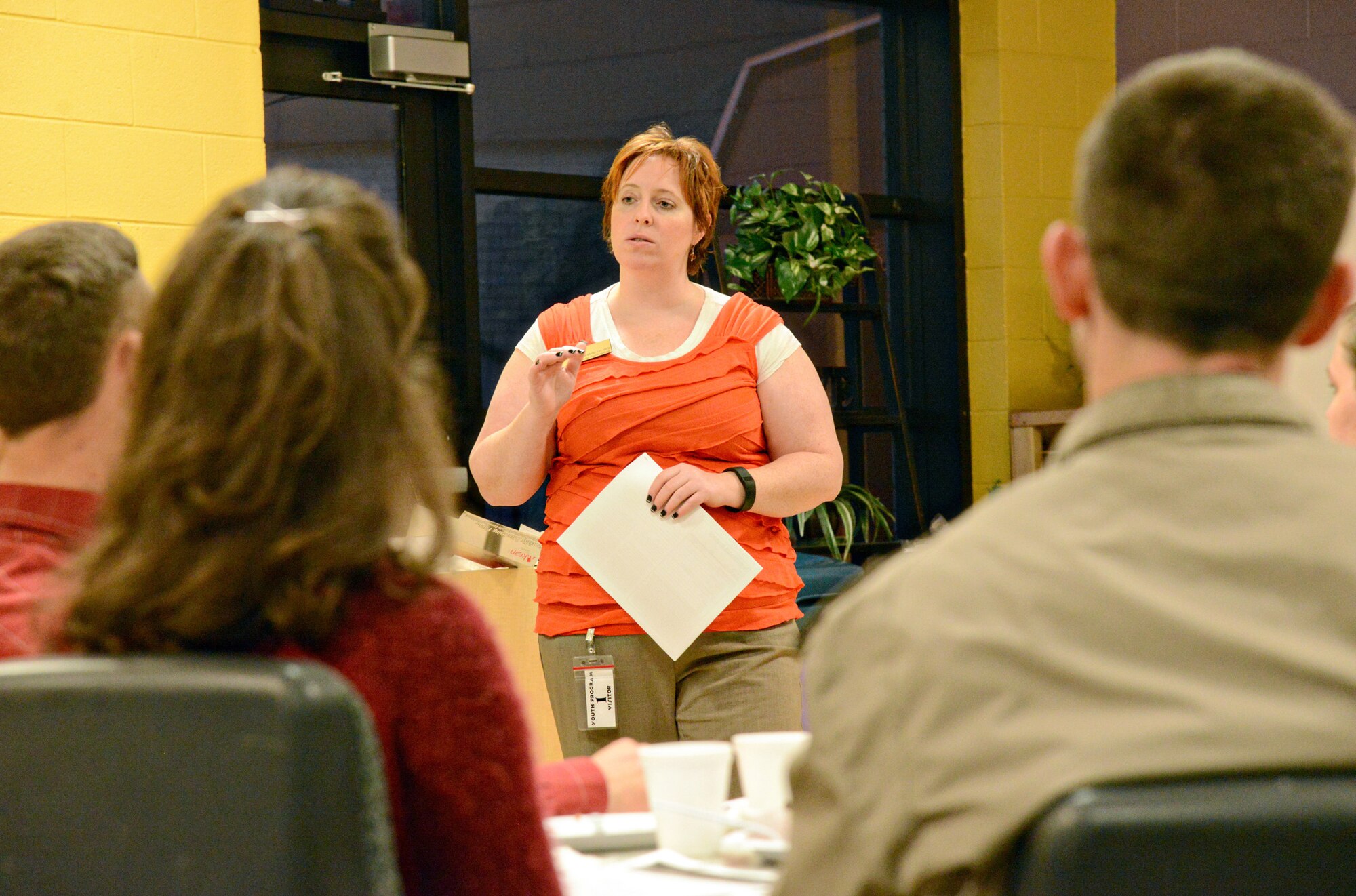 Rachele Eskridge, the director of prevention education with the Oklahoma City YWCA, discusses teen dating violence during a recent briefing hosted by Family Advocacy and the Tinker Youth Center. Ms. Eskridge offered parents tips on how they can help prevent dating and sexual violence among teens in their families and their communities. Teens were also able to have an open discussion about difficult topics with a representative from Family Advocacy during the Feb. 25 event. For more information or resources on dating violence, call the National Teen Dating Abuse Helpline at 1-866-331-9474, the YWCA Domestic Violence Hotline at 405-917-YWCA, the YWCA Sexual Assault Hotline at 405-943-RAPE, the National Sexual Assault Hotline at 1-800-656-HOPE or the Oklahoma State Safeline at 1-800-522-7233. (Air Force photo by Kelly White/Released)