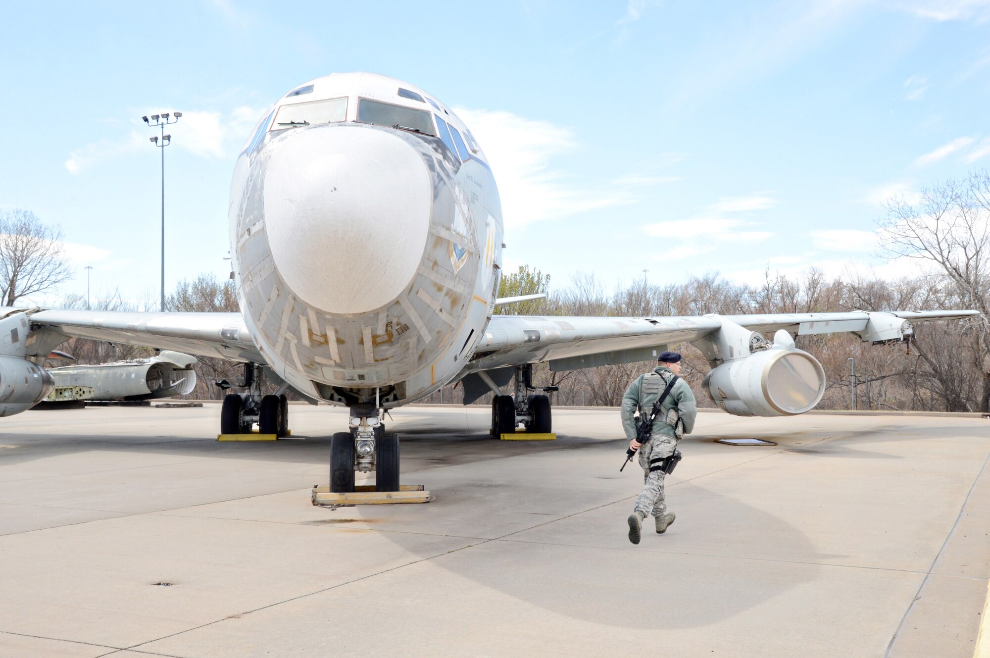Tech. Sgt. Justin Ayres, with the 72nd Security Forces Squadron, responds to reports of injured victims and possible casualties on the south side of Tinker during the March 1 tornado exercise. (Air Force photo by Kelly White/Released)