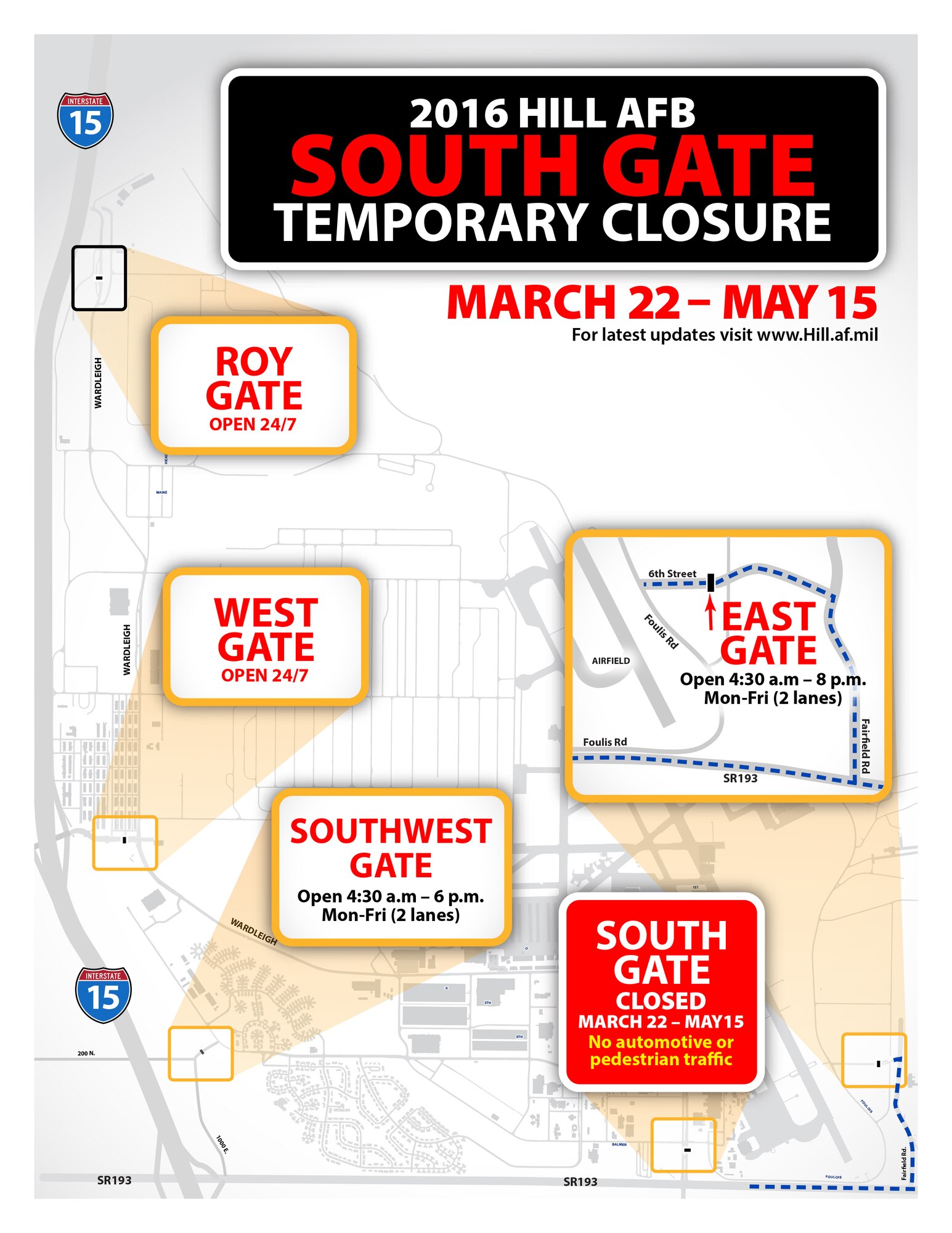 The Hill Air Force Base South Gate will be closed from March 22-May15 to install new speed tables and a new wedge barrier. (U.S. Air Force graphic by David Perry)