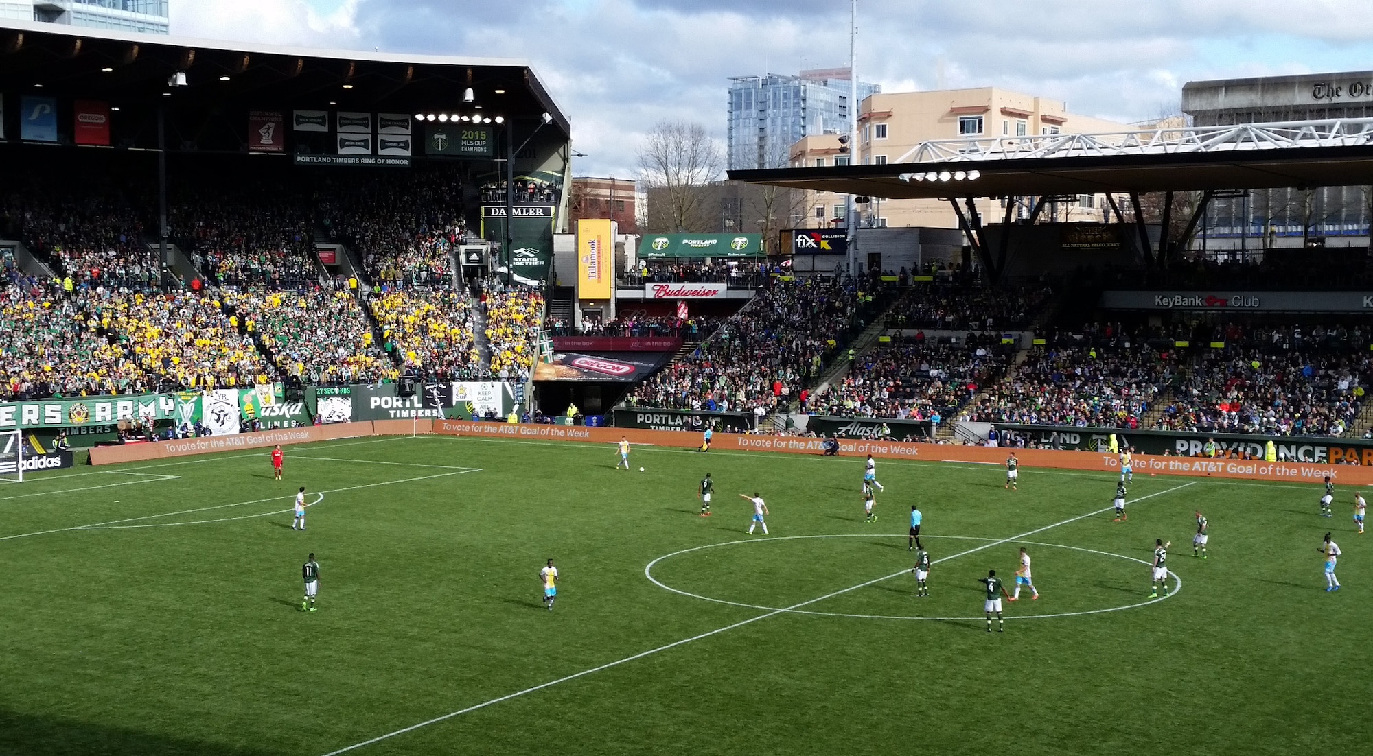 The Portland Timbers FC playing their season opening match, hosting the Columbus Crew SC at Providence Park, Portland, Ore., Mar. 6, 2016. Coincidently, the Timbers won the opening 2016 match the same way they won their first title match on Dec. 6, 2015, by beating the Crew with the same 2-1 score. (U.S. Air National Guard photo by Tech. Sgt. John Hughel, 142nd Fighter Wing Public Affairs)