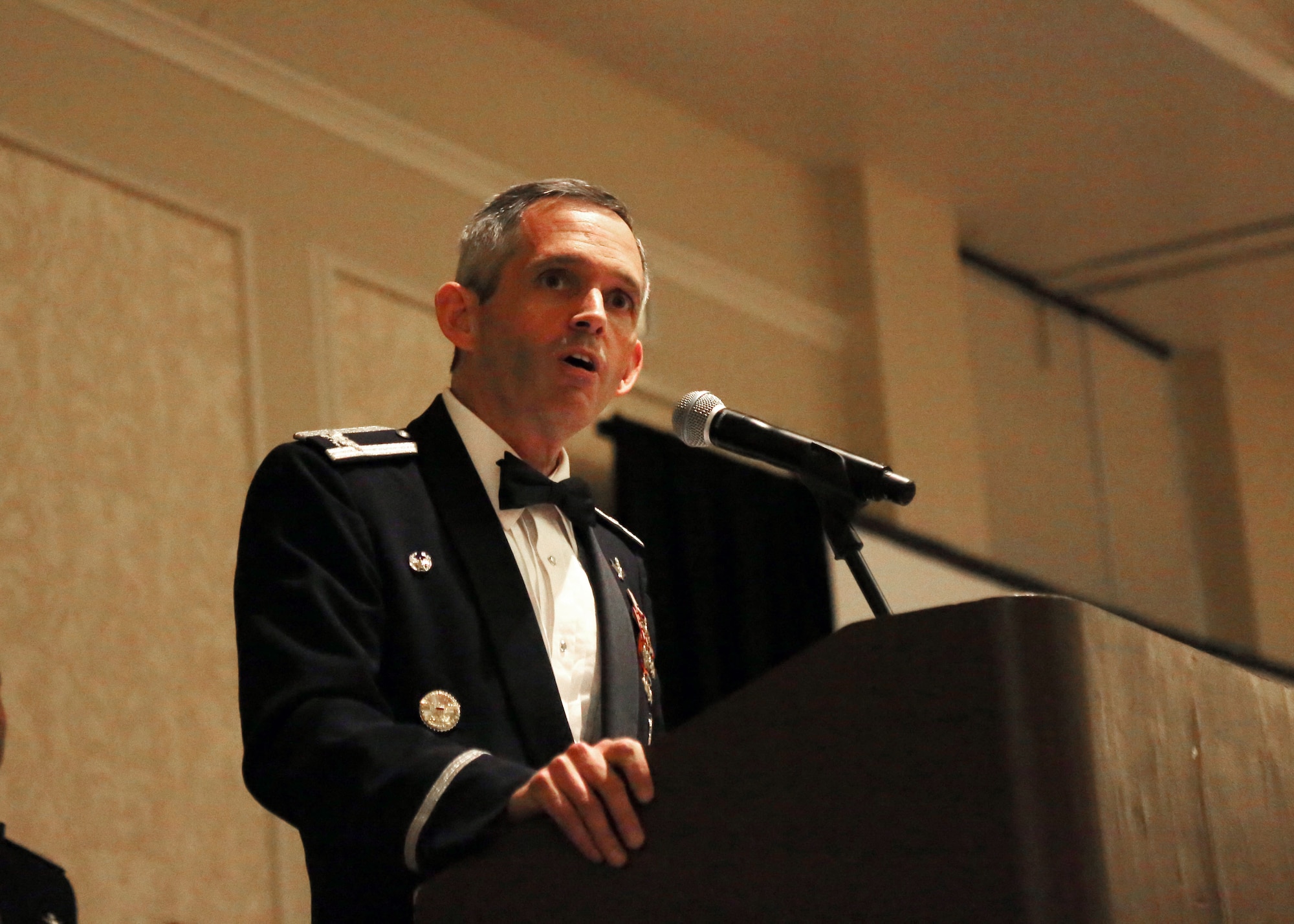 U.S. Air Force Reserve Col. Damon S. Feltman speaks to the Airmen and civilians of the 310th Space Wing's eighteenth annual awards banquet at the Antlers Hotel in Colorado Springs, Colo., March 4, 2016. The wing sponsored the event to both recognize its annual award winners and bring Reservists together to enjoy an evening of esprit de corps, unit morale and camaraderie. (U.S. Air Force photo/Tech. Sgt. Sarah Corrice)