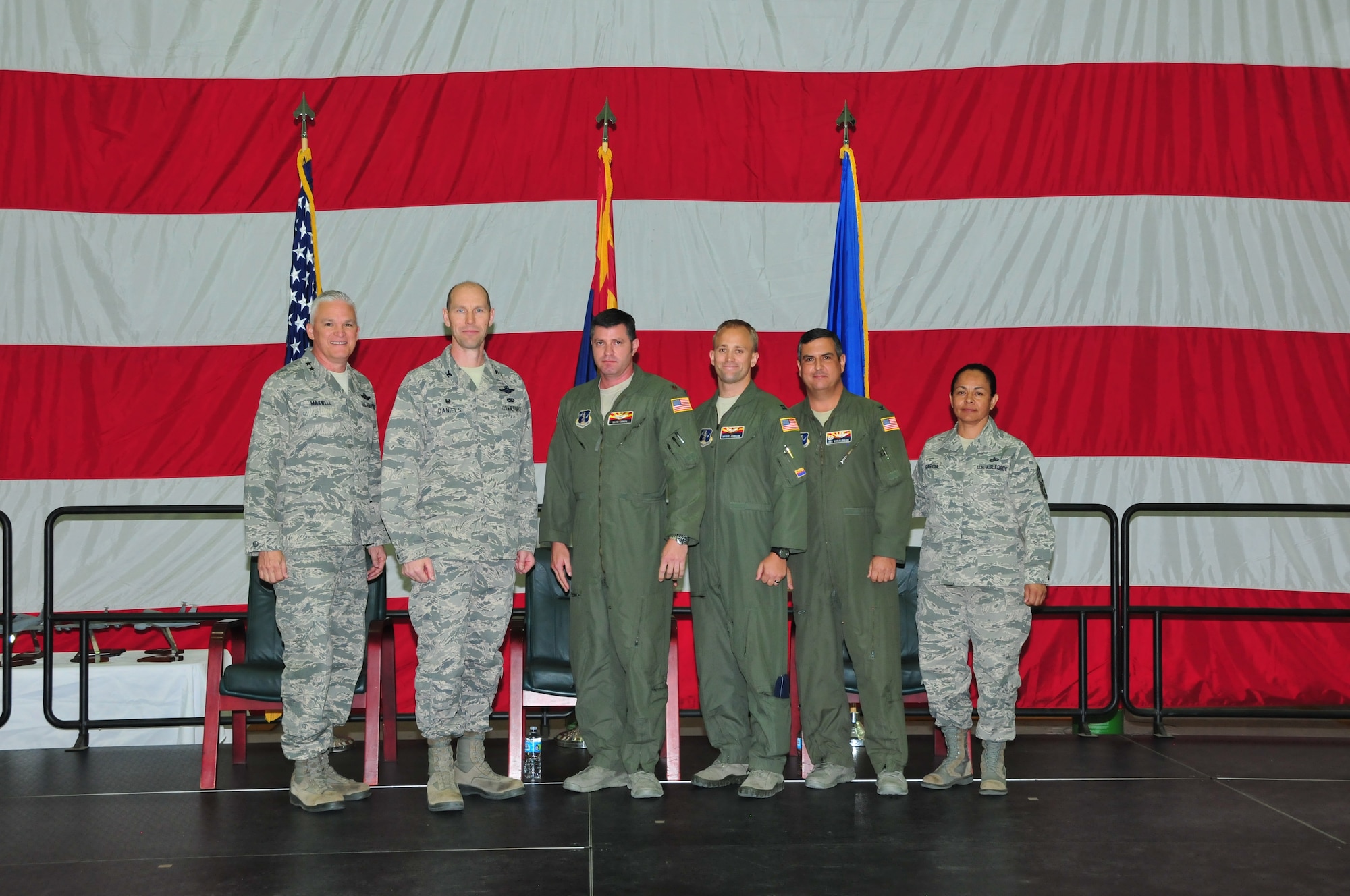 Air Forces Central Command’s Aircrew of the Year Award recipients were recognized at the 161st Air Refueling Wing annual awards ceremony March 6, 2016, Phoenix Sky Harbor Air National Guard Base. This year’s recipients from left to right: Maj. Gen. Edward Maxwell, Arizona Air National Guard commander, Col. Troy Daniels, 161st Air Refueling Wing commander, Maj. David Kierein, Capt. Brodie Johnson Col. Patrick Donaldson, operations group commander, and Chief Master Sgt. Martha Garcia, 161st Air Refueling Wing command chief. (U. S. Air National Guard photo by Master Sgt. Kelly M. Deitloff/Released)