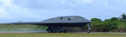 A B-2 Spirit from Whiteman Air Force Base, Mo., takes off from an undisclosed location in the U.S. Pacific Command area of operations March 10, 2016. Bomber crews routinely deploy to maintain a high state of readiness and crew proficiency while integrating capabilities with key regional partners. One of nine DoD unified combatant commands, USSTRATCOM has global strategic missions, assigned through the Unified Command Plan, which include strategic deterrence; space operations; cyberspace operations; joint electronic warfare; global strike; missile defense; intelligence, surveillance and reconnaissance; combating weapons of mass destruction; and analysis and targeting. (U.S. Air Force photo by Senior Airman Joel Pfiester/Released)