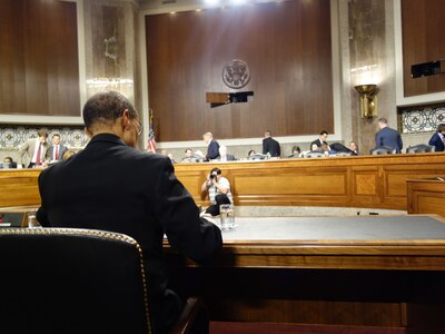 U.S. Navy Adm. Cecil D. Haney, U.S. Strategic Command (USSTRATCOM) commander, prepares to testify before the Senate Armed Services Committee during a hearing in Washington, D.C., March 10, 2016. During the hearing, Haney; U.S. Navy Adm. William E. Gortney (not pictured), North American Aerospace Defense Command (NORAD) and U.S. Northern Command (USNORTHCOM)  commander; and U.S. Navy Adm. Kurt W. Tidd (not pictured), U.S. Southern Command commander, provided remarks on the programs and budgets of their respective commands and answered questions from committee members. One of nine DoD unified combatant commands, USSTRATCOM has global strategic missions, assigned through the Unified Command Plan, which include strategic deterrence; space operations; cyberspace operations; joint electronic warfare; global strike; missile defense; intelligence, surveillance and reconnaissance; combating weapons of mass destruction; and analysis and targeting. (USSTRATCOM photo by U.S. Navy Capt. Pamela S. Kunze)  Transcript Available : http://www.armed-services.senate.gov/imo/media/doc/Haney_03-10-16.pdf