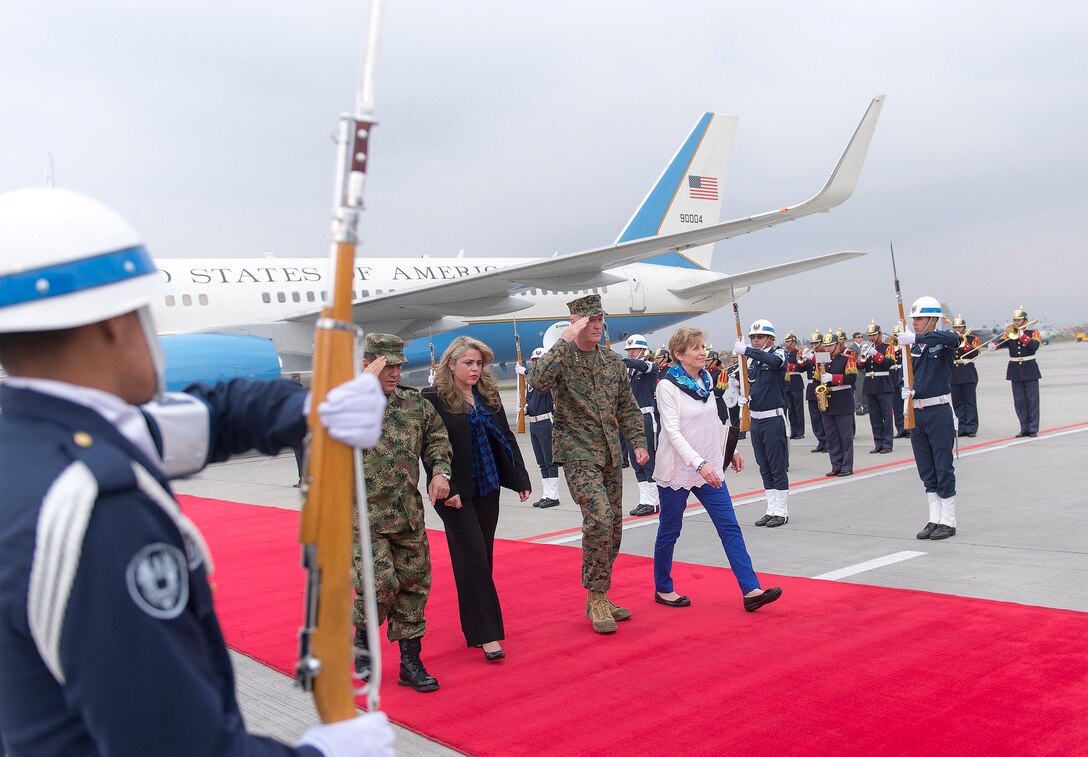 Marine Corps Gen. Joseph F. Dunford Jr., chairman of the Joint Chiefs of Staff, arrives in Bogota, Colombia, March. 9, 2016. Dunford met with senior U.S. and Colombian military and civilian leaders during his first visit to the country as Chairman. DoD photo by Navy Petty Officer 2nd Class Dominique A. Pineiro