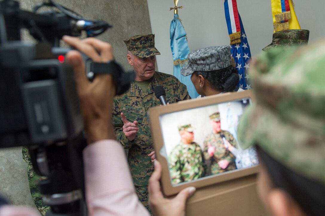 Marine Corps Gen. Joseph F. Dunford Jr., chairman of the Joint Chiefs of Staff, talks to journalists in Bogota, Colombia, March 9, 2016. DoD photo by Navy Petty Officer 2nd Class Dominique A. Pineiro 
