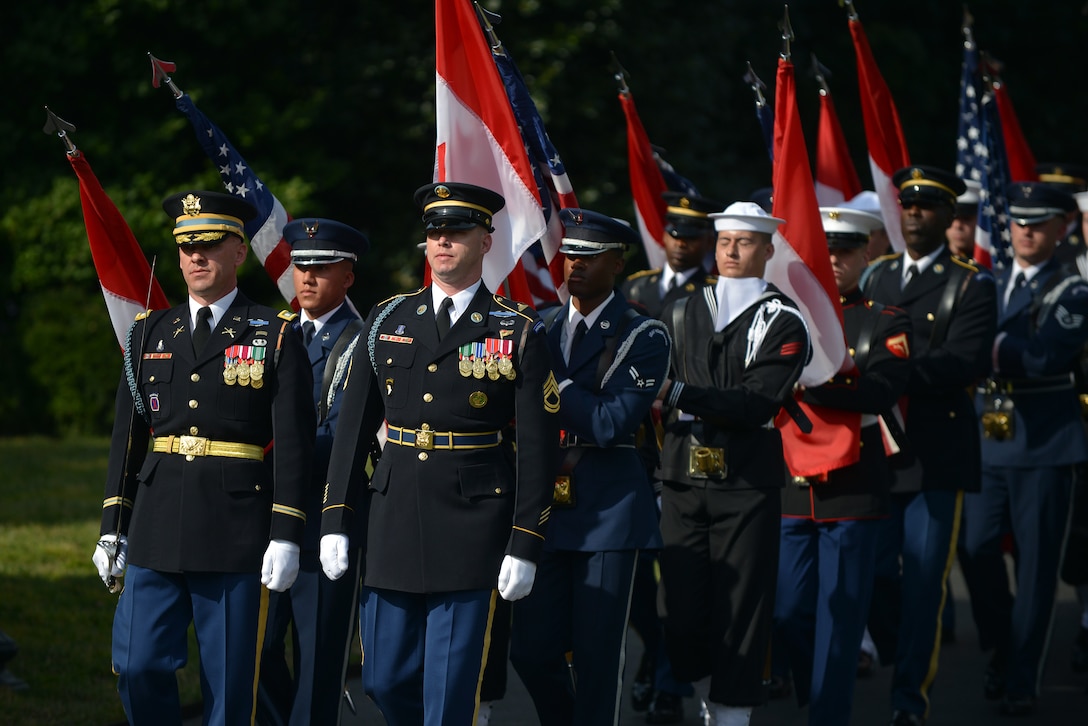 Service members from the U.S. Army, Air Force, Marines Corps, Navy and Coast Guard participate in the welcome ceremony for the arrival of Canadian Prime Minister Justin Trudeau at the White House, March 10, 2016. Air National Guard photo by Staff Sgt. Christopher S. Muncy