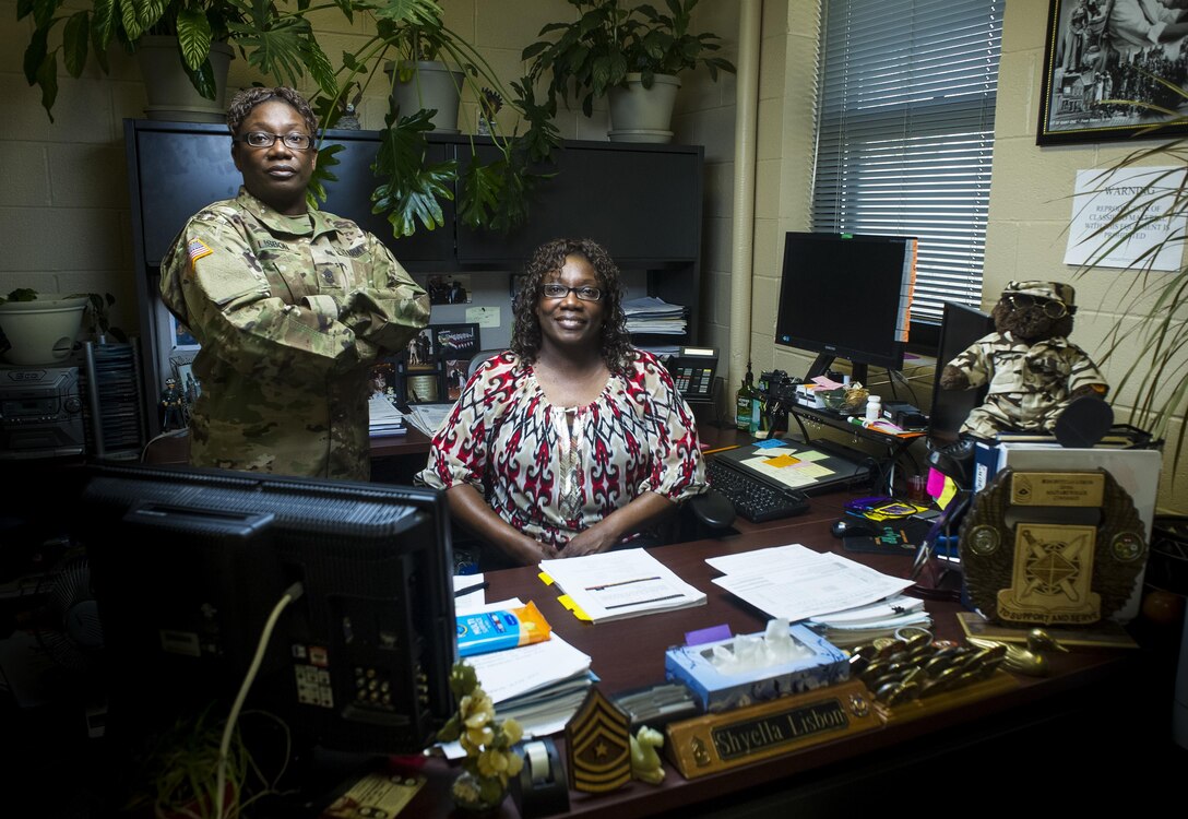 U.S. Army Reserve Sgt. Maj. Shyella Lisbon, personnel sergeant major is also Ms. Shyella Lisbon, human resources officer, with the 200th Military Police Command. Within the 200th MP Cmd., several women serve in dual roles as Soldiers and civilians giving them twice the opportunity to make the Army stronger. (U.S. Army photo illustration by Staff Sgt. Shejal Pulivarti)