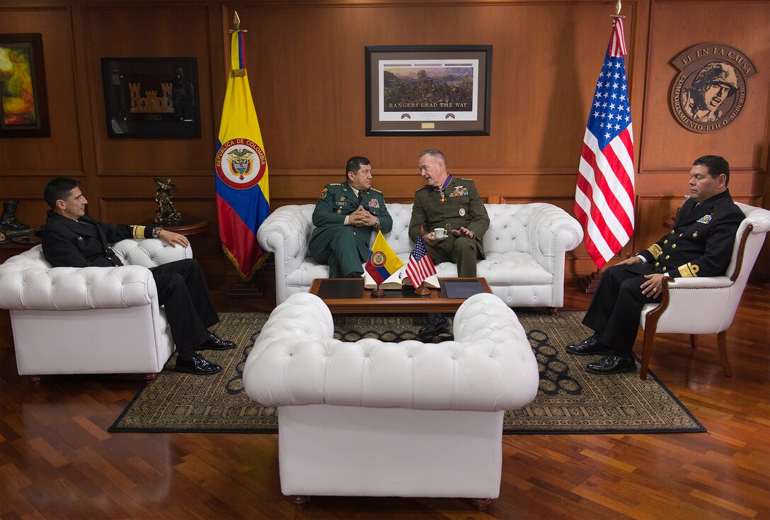 Marine Corps Gen. Joseph F. Dunford Jr., chairman of the Joint Chiefs of Staff, right, meets with Gen. Juan Pablo Rodriguez, commander of Colombia's armed forces, in Bogota, Colombia, March 10, 2016. DoD photo by Navy Petty Officer 2nd Class Dominique A. Pineiro
