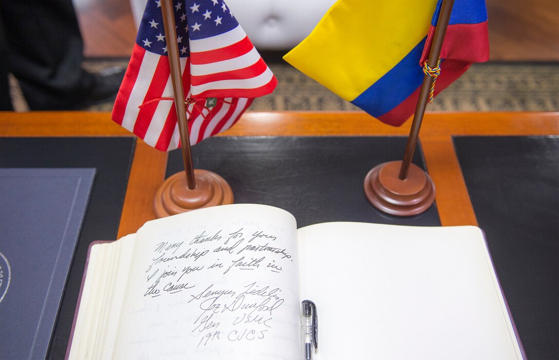 The guest book of Gen. Juan Pablo Rodriguez, commander of Colombia's armed forces, shows the signature of Marine Corps Gen. Joseph F. Dunford Jr., chairman of the Joint Chiefs of Staff, at military headquarters in Bogota, Colombia, March 10, 2016. DoD photo by Navy Petty Officer 2nd Class Dominique A. Pineiro