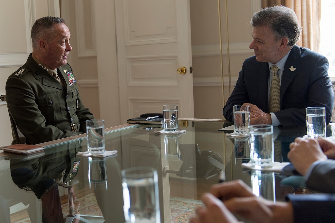Marine Corps  Gen. Joseph F. Dunford Jr., chairman of the Joint Chiefs of Staff, meets with Colombian President Juan Manuel Santos at the Palacio de Narino in Bogota, Colombia, March 10, 2016. DoD photo by Navy Petty Officer 2nd Class Dominique A. Pineiro