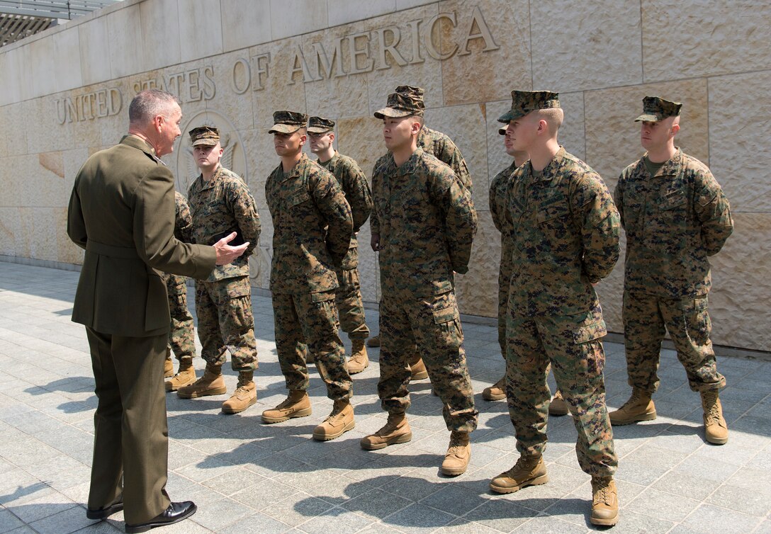 Marine Corps Gen. Joseph F. Dunford Jr., chairman of the Joint Chiefs of Staff, meets with Marines assigned to the Marine security detachment at the U.S. Embassy in Bogota, Colombia, March 10, 2016. DoD photo by Navy Petty Officer 2nd Class Dominique A. Pineiro