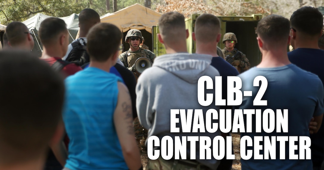 Sgt. Brandyn Knight, the Evacuation Control Center entry point noncommissioned officer in charge with Combat Logistics Battalion 2, briefs notionally displaced American citizens as they prepare to enter the ECC to be evacuated during the battalion’s certification exercise, at Marine Corps Auxiliary Landing Field Bogue, N.C., March 10, 2016. The battalion is slated to deploy on Special Purpose Marine Air-Ground Task Force-Crisis Response-Africa later this year. (U.S. Marine Corps illustration by Cpl. Joey Mendez)