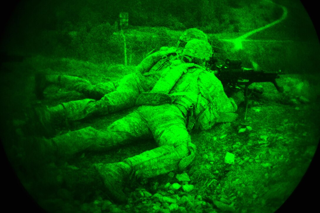 As seen through a night-vision device, paratroopers engage targets during a night live-fire exercise as part of Exercise Rock Sokol at Pocek Range in Postonja, Slovenia, March 9, 2016. Army photo by Paolo Bovo