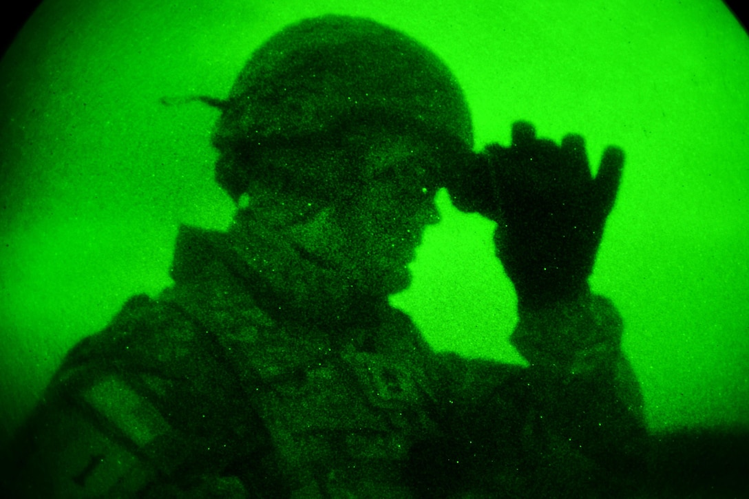 As seen through a night-vision device, a paratrooper uses night-vision goggles to observe the area during the night live-fire exercise as part of Exercise Rock Sokol at Pocek Range in Postonja, Slovenia, March 9, 2016. Army photo by Paolo Bovo