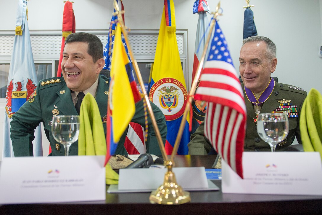 Marine Corps Gen. Joseph F. Dunford Jr., chairman of the Joint Chiefs of Staff, has a working lunch with the commander of Colombia's armed forces, Gen. Juan Pablo Rodriguez, in Bogota, Colombia, March 10, 2016. Dunford met with senior U.S. and Colombian military and civilian leaders during his first visit to the country as chairman. DoD Photo by Navy Petty Officer 2nd Class Dominique A. Pineiro