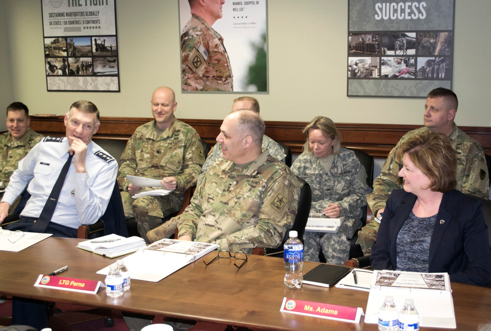 DLA Director Air Force Lt. Gen. Andy Busch (far left, front) discusses equipment and budget reductions with Army officials during Army/DLA Day at the Pentagon March 8.
