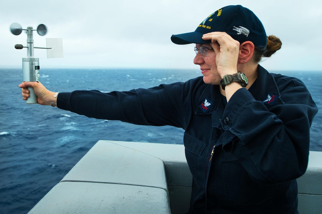 Navy Petty Officer 2nd Class Jenna Clevinger measures wind speed from the starboard bridge wing of amphibious transport dock ship USS New Orleans in the Pacific Ocean, March 2, 2016. Clevinger is a quartermaster. The Boxer Amphibious Ready Group, and 13th Marine Expeditionary Unit team are currently transiting the Pacific Ocean in the 7th Fleet area of operations during a scheduled deployment. Navy photo by Petty Officer 3rd Class Chelsea D. Daily