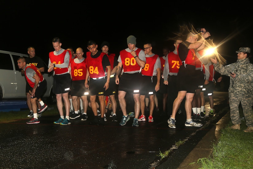 U.S. Soldiers prepare for the two-mile run for the Army Physical Fitness Test event  during the Best Warrior Competition (BWC) at Camp Bullis, Texas, March 10, 2016. The BWC is an annual competition to identify the strongest and most well-rounded Soldiers through the accomplishment of physical and mental challenges, as well as basic Soldier skills. (U.S. Army photo by Spc. Darnell Torres)