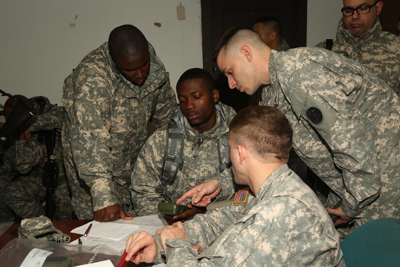 U.S. Soldiers conduct refresher training on the Defense Advanced GPS Receiver (DAGR) prior to the Land Navigation event during the Best Warrior Competition (BWC) at Camp Bullis, Texas, March 10, 2016. The BWC is an annual competition to identify the strongest and most well-rounded Soldiers through the accomplishment of physical and mental challenges, as well as basic Soldier skills. (U.S. Army photo by Spc. Darnell Torres).
