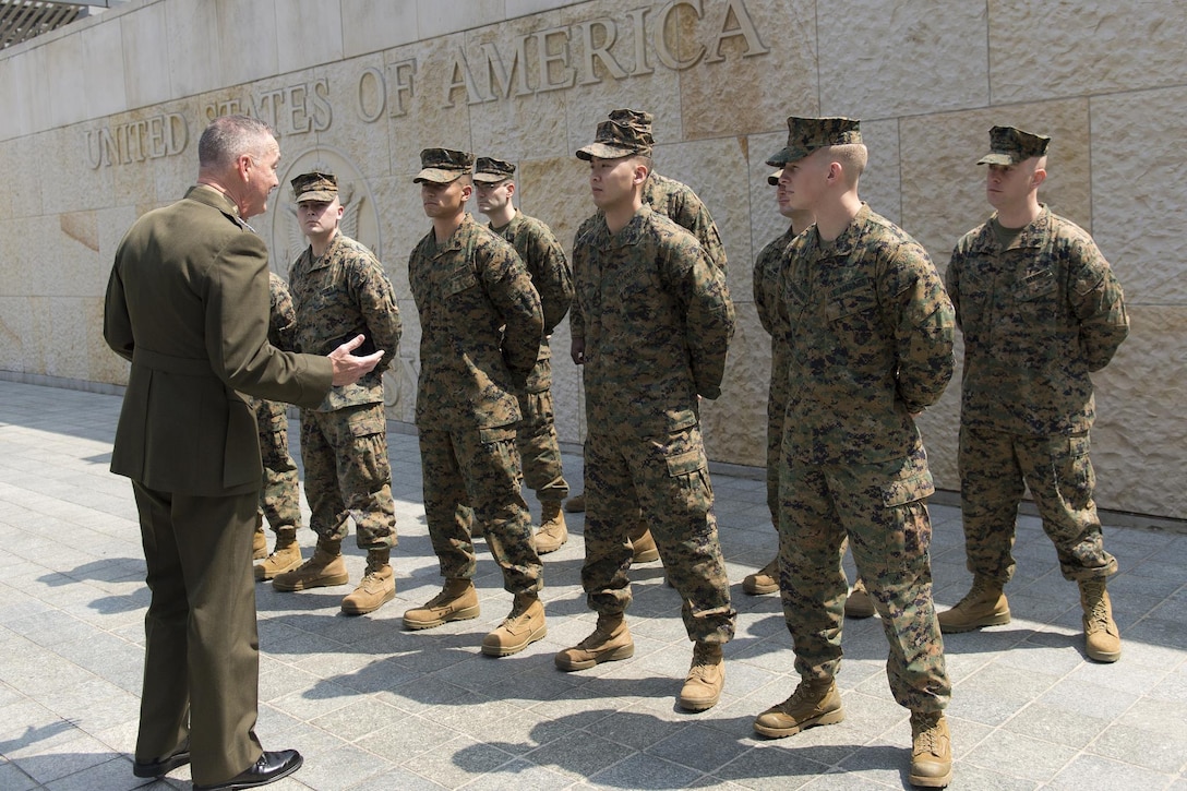 Marine Corps Gen. Joseph F. Dunford Jr., chairman of the Joint Chiefs of Staff, meets with Marines assigned to the Marine security detachment at the U.S. Embassy in Bogota, Colombia, March 10, 2016. DoD photo by Navy Petty Officer 2nd Class Dominique A. Pineiro