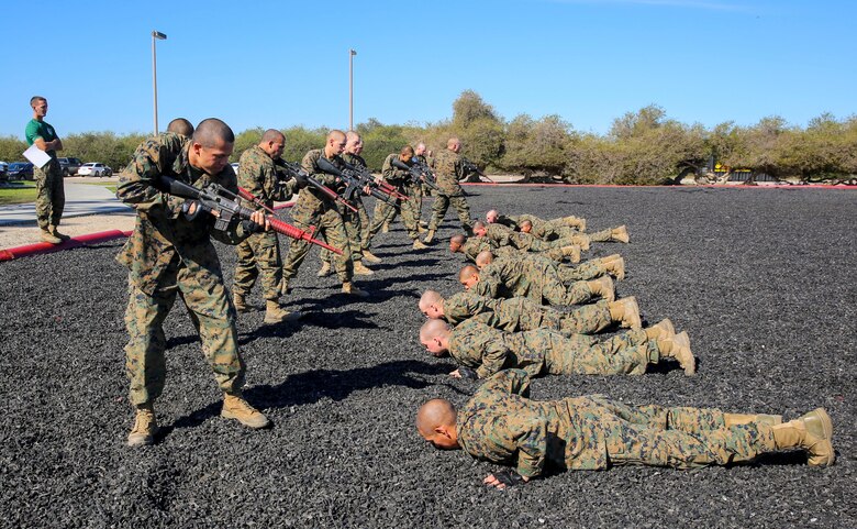 Recruits of Delta Company, 1st Recruit Training Battalion, conduct counter attacks during a Marine Corps Martial Arts Program Test and Marine Corps Recruit Depot San Diego, March 9. If a recruit received more than five marks during the test, whether it be conducting the wrong technique or not knowing what to do, he failed the test. Recruits who didn’t pass the first time will remediate and have another chance to pass the test. Annually, more than 17,000 males recruited from the Western Recruiting Region are trained at MCRD San Diego. Delta Company is scheduled to graduate April 1.