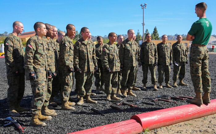 A Marine Corps Martial Arts Program instructor with Instructional Training Company, Recruit Training Regiment, debriefs recruits on how they did during a Marine Corps Martial Arts Program Test and Marine Corps Recruit Depot San Diego, March 9. Each MCMAP class was taught by the MCMAP instructors and the recruits learned basic offensive and defensive techniques while quickly developing their own warrior mindset. Annually, more than 17,000 males recruited from the Western Recruiting Region are trained at MCRD San Diego. Delta Company is scheduled to graduate April 1.