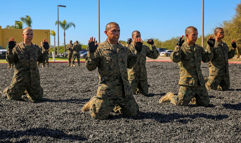 Recruits of Delta Company, 1st Recruit Training Battalion, conduct forward break-falls during a Marine Corps Martial Arts Program Test at Marine Corps Recruit Depot San Diego, March 9. To initiate the technique, recruits started on their knees before properly falling  forward to the ground. The recruits also conducted hand-to-hand combat techniques and learned various movements with knives and rifles. Annually, more than 17,000 males recruited from the Western Recruiting Region are trained at MCRD San Diego. Delta Company is scheduled to graduate April 1.