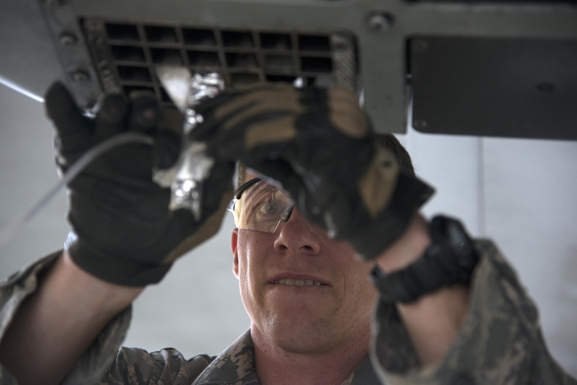 U.S. Air Force Tech. Sgt. Michael Sweeney, 23d Civil Engineer Squadron NCO in charge of equipment, eliminates a simulated hazard during a team-led qualification training, March 10, 2016, at Moody Air Force Base, Ga. The simulated hazard was a flare that didn’t fully deploy when an A-10C Thunderbolt II was flying.  (U.S. Air Force Photo by Airman 1st Class Janiqua P. Robinson/Released)