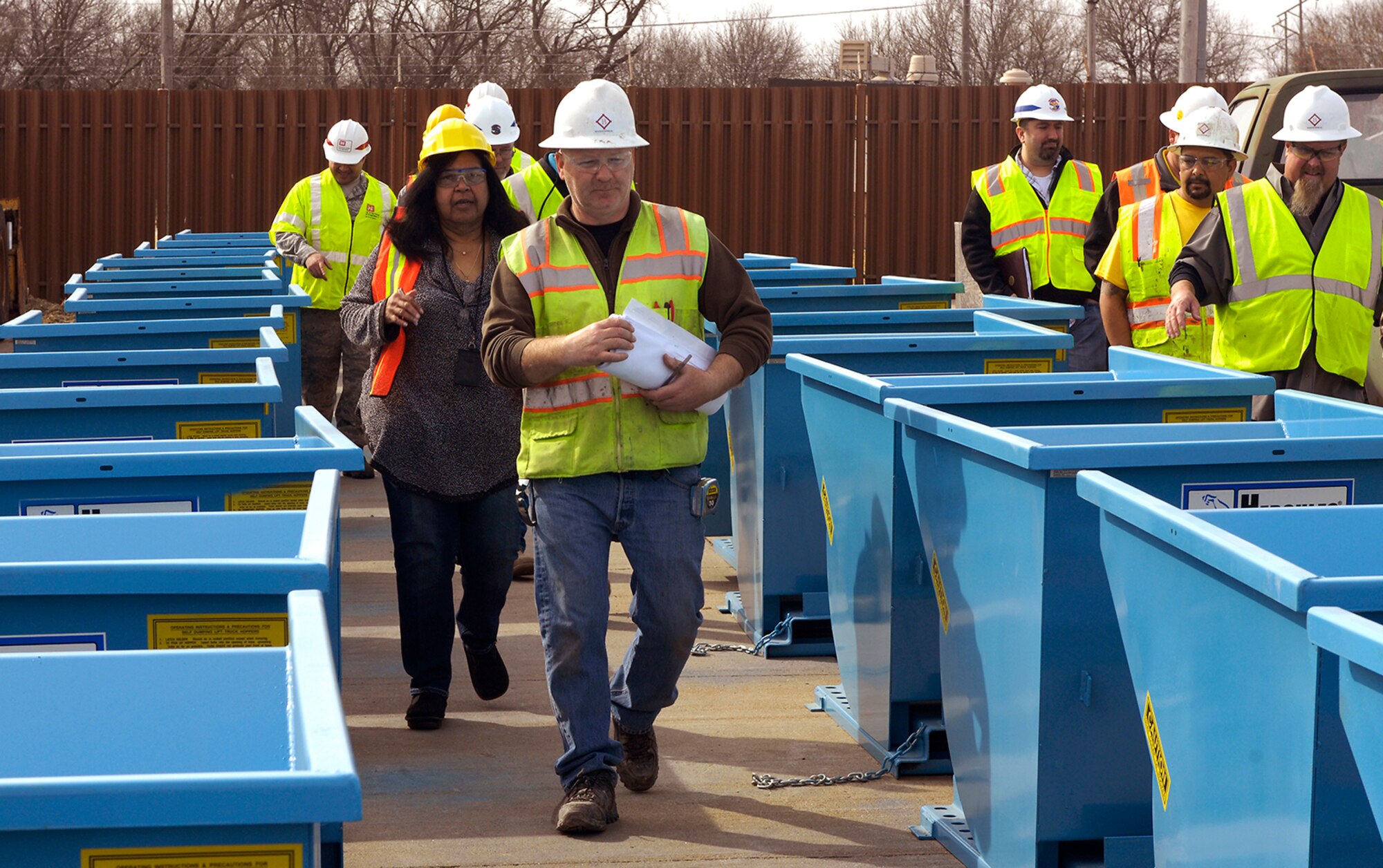 Mike O’Sullivan, a construction manager for Betance Enterprises, Inc., provides a walk-through inspection of the perimeter fence of the Disposition Services facility at Offutt Air Force Base, Neb.  March 9. Sections of the fence were replaced and modified as part of a $2.8 million renovation project.
