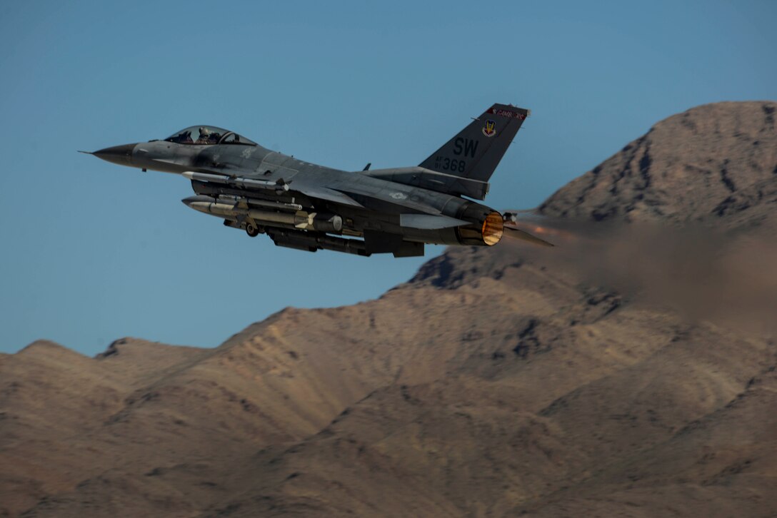 An F-16 Fighting Falcon assigned to the 20th Fighter Wing, Shaw Air Force Base, S.C., takes off during Red Flag 16-2 at Nellis Air Force Base, Nev. March 4, 2016. Red Flag involves a variety of attack, fighter, bomber, reconnaissance, electronic warfare, air lift support, and search and rescue aircraft. (U.S. Air Force photo by Airman 1st Class Kevin Tanenbaum)