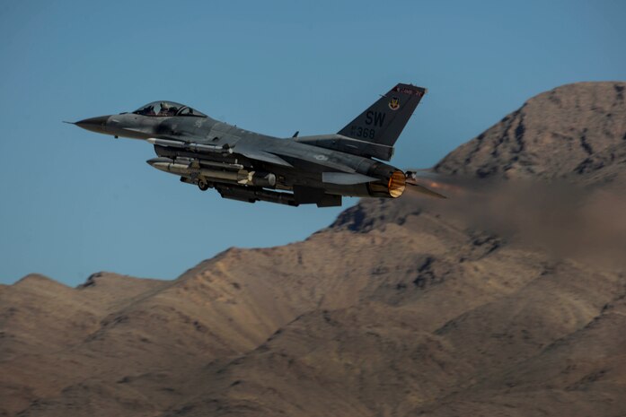 An F-16 Fighting Falcon assigned to the 20th Fighter Wing, Shaw Air Force Base, S.C., takes off during Red Flag 16-2 at Nellis Air Force Base, Nev. March 4, 2016. Red Flag involves a variety of attack, fighter, bomber, reconnaissance, electronic warfare, air lift support, and search and rescue aircraft. (U.S. Air Force photo by Airman 1st Class Kevin Tanenbaum)