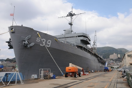 160311-N-JD834-034 SASEBO, Japan (Mar. 11, 2016) The submarine tender USS Emory S. Land (AS 39) shortly after arrival to Fleet Activities Sasebo, Japan. Emory S. Land is a forward deployed expeditionary submarine tender on an extended deployment conducting coordinated tended moorings and afloat maintenance in the U.S. 5th and 7th Fleet areas of operations. (U.S. Navy photo by Mass Communication Specialist 3rd Class Michael Doan/Released)