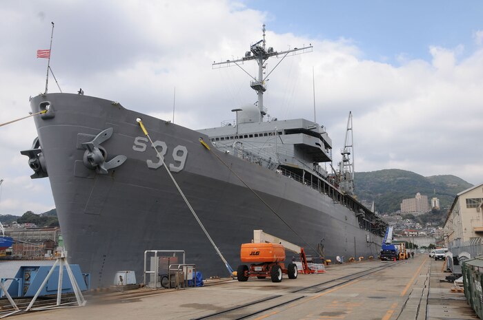 160311-N-JD834-034 SASEBO, Japan (Mar. 11, 2016) The submarine tender USS Emory S. Land (AS 39) shortly after arrival to Fleet Activities Sasebo, Japan. Emory S. Land is a forward deployed expeditionary submarine tender on an extended deployment conducting coordinated tended moorings and afloat maintenance in the U.S. 5th and 7th Fleet areas of operations. (U.S. Navy photo by Mass Communication Specialist 3rd Class Michael Doan/Released)