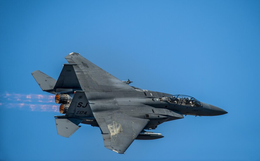 An F-15E Strike Eagle soars through the sky during a training exercise, Feb. 18, 2016, at Moody Air Force Base, Ga. During the training, the aircraft conducted tactical air and ground maneuvers, as well as weapons training. (U.S. Air Force photo by Airman 1st Class Lauren M. Johnson/Released)