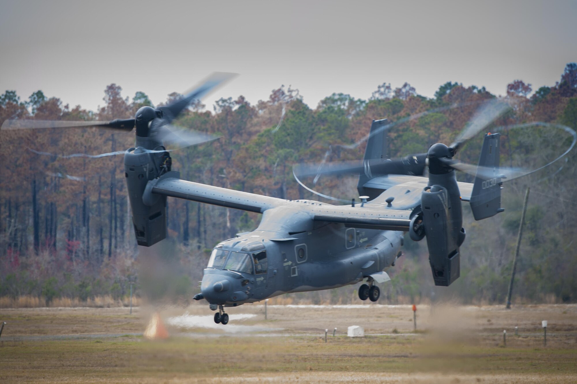 A CV-22 Osprey takes off during a training exercise, March 4, 2016, at Moody Air Force Base, Ga. During the training, the aircraft conducted tactical air and ground maneuvers, as well as weapons training. (U.S. Air Force photo by Airman 1st Class Lauren M. Johnson/Released)