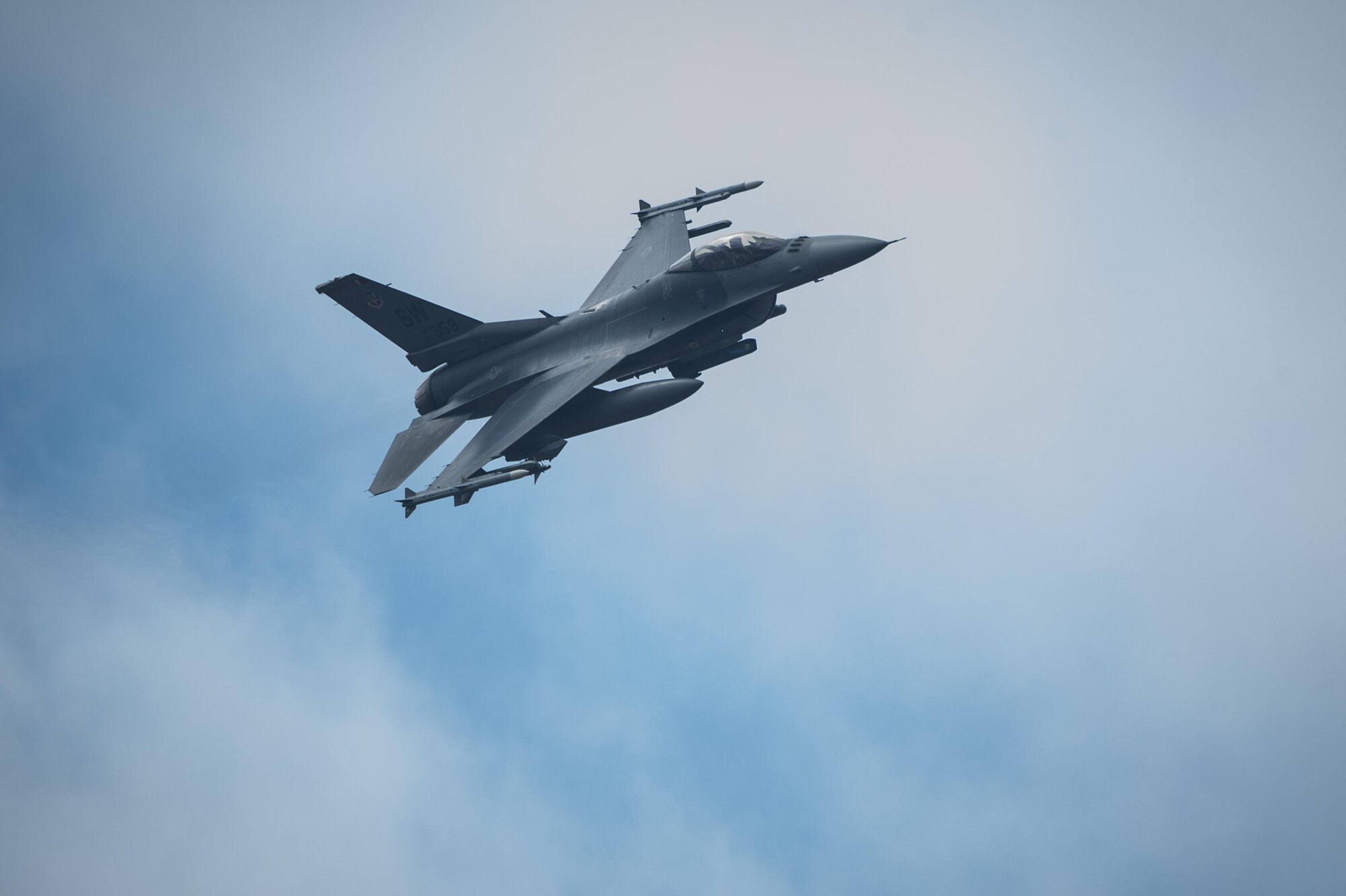 An F-16 Fighting Falcon soars through the sky during a training exercise, Feb. 18, 2016, at Moody Air Force Base, Ga. During the training, the aircraft conducted tactical air and ground maneuvers, as well as weapons training. (U.S. Air Force photo by Airman 1st Class Lauren M. Johnson/Released)