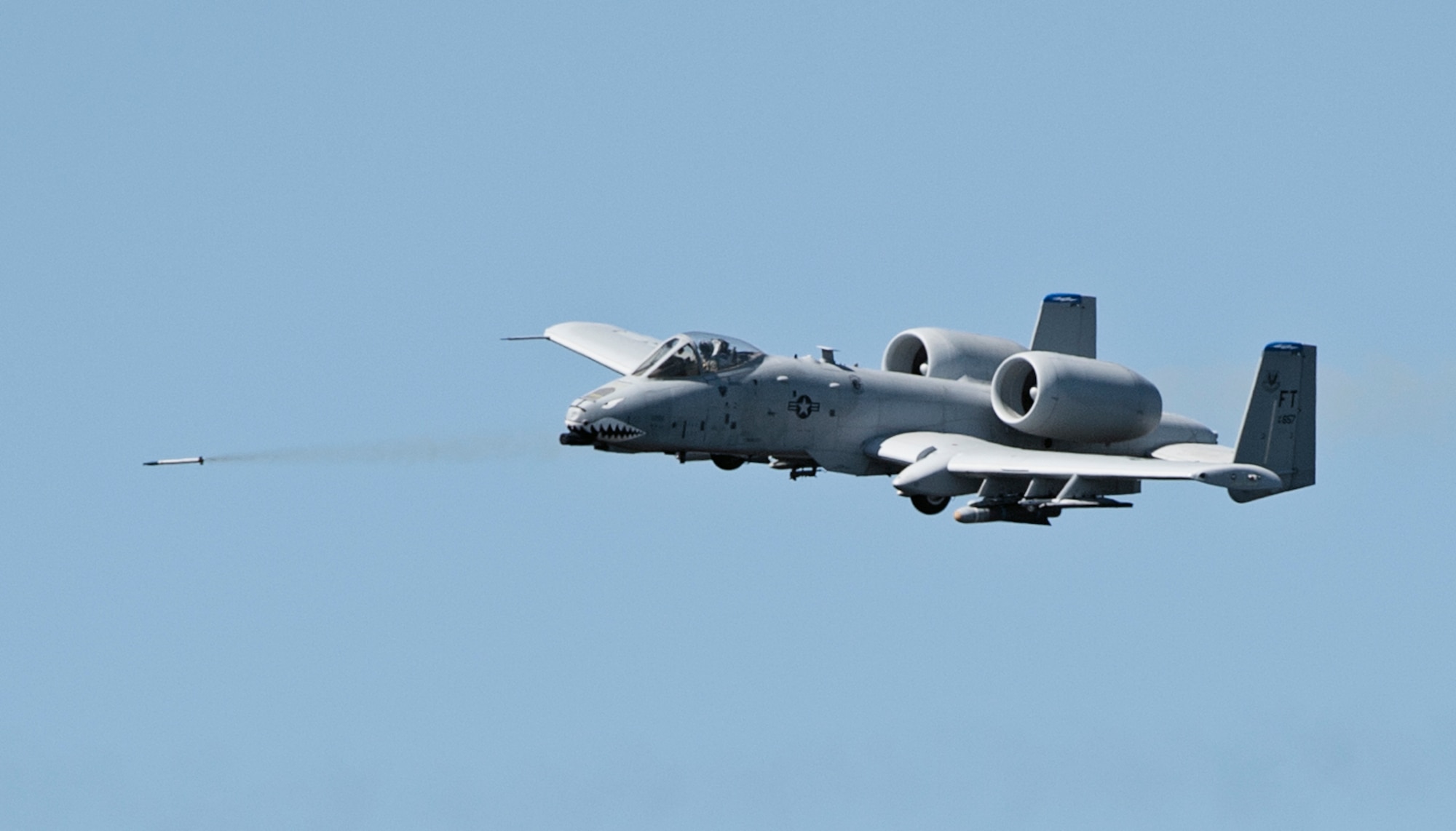 An A-10 Thunderbolt II fires an air-to-surface missile over the Grand Bay Bombing and Gunnery Range at Moody Air Force Base, Ga., Feb. 11, 2016. Multiple U.S. Air Force aircraft within Air Combat Command conducted joint aerial training that showcased the aircrafts tactical air and ground maneuvers, as well as its weapons capabilities. (U.S. Air Force photo by Staff Sgt. Brian J. Valencia/Released)