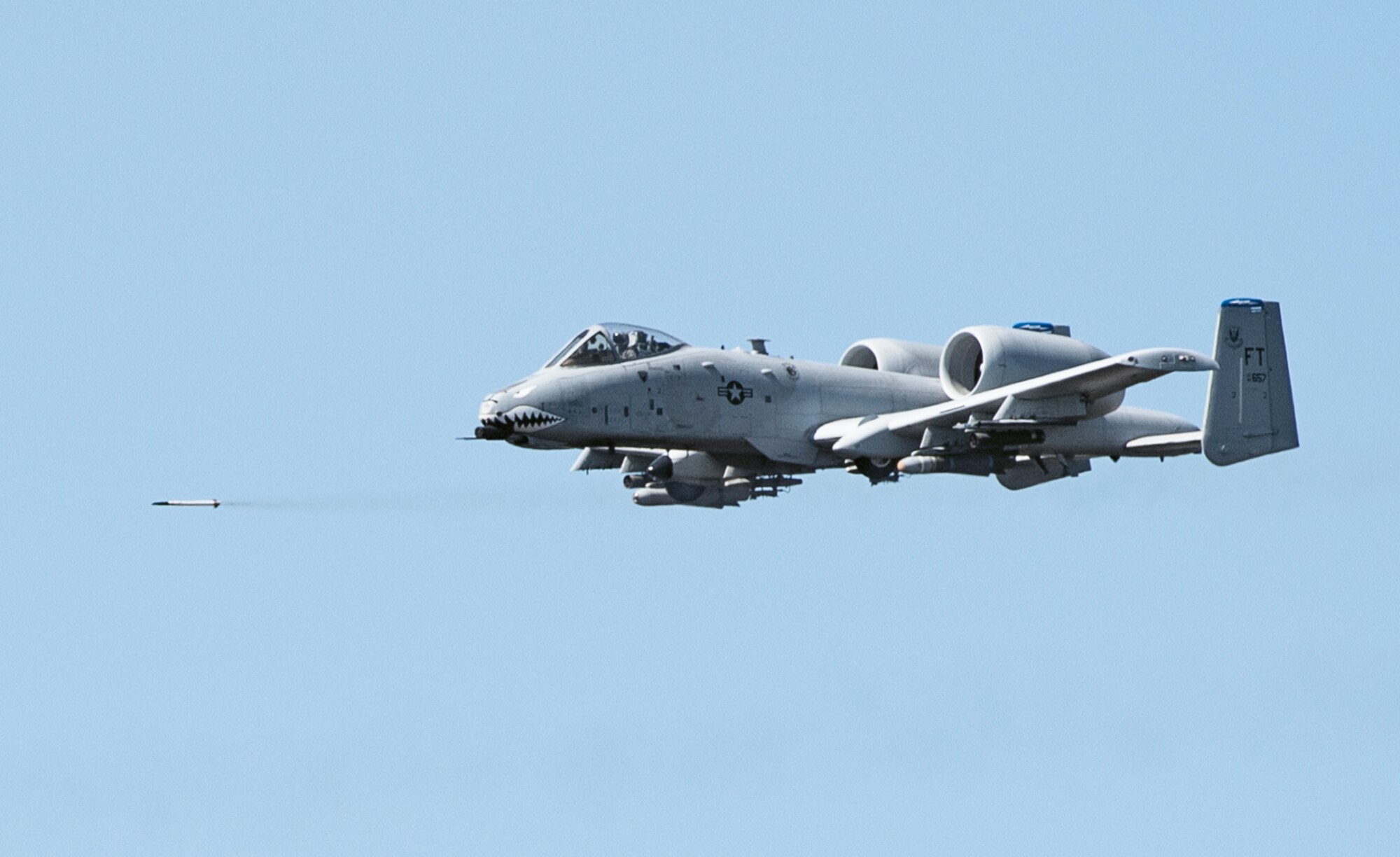 An A-10 Thunderbolt II fires an air-to-surface missile over the Grand Bay Bombing and Gunnery Range at Moody Air Force Base, Ga., Feb. 11, 2016. Multiple U.S. Air Force aircraft within Air Combat Command conducted joint aerial training that showcased the aircrafts tactical air and ground maneuvers, as well as its weapons capabilities. (U.S. Air Force photo by Staff Sgt. Brian J. Valencia/Released)