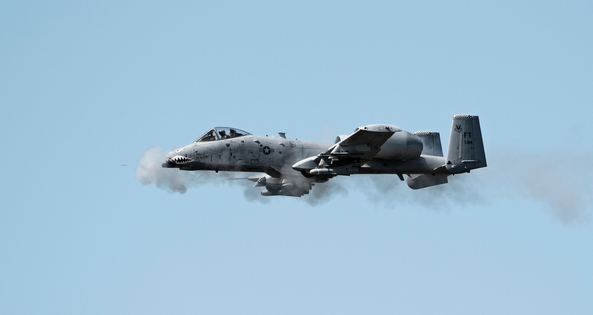 An A-10 Thunderbolt II fires the GAU-8 Avenger, a 30mm Gatling-style canon, over the Grand Bay Bombing and Gunnery Range at Moody Air Force Base, Ga., Feb. 11, 2016. Multiple U.S. Air Force aircraft within Air Combat Command conducted joint aerial training that showcased the aircrafts tactical air and ground maneuvers, as well as its weapons capabilities. (U.S. Air Force photo by Staff Sgt. Brian J. Valencia/Released)